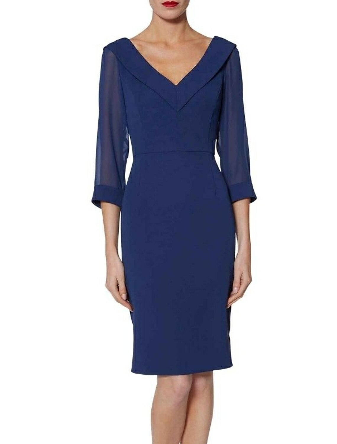 Etuikleid/Säulenkleid für die Brautmutter, Hochzeitsgast, Übergröße, V-Ausschnitt, knielang, Chiffon, 3/4-Ärmel, mit Schlitz vorne, Herbst