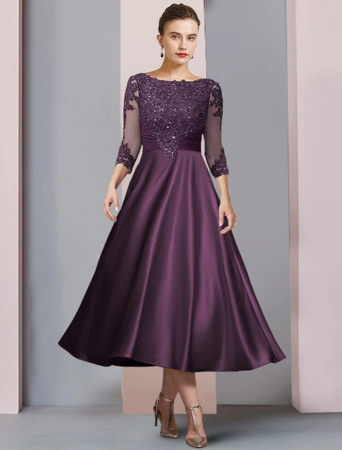 A-Linien-Kleid für die Mutter der Braut, Hochzeitsgast, elegant, U-Ausschnitt, teelang, Satin, Spitze, halbe Ärmel mit Pailletten-Applikationen