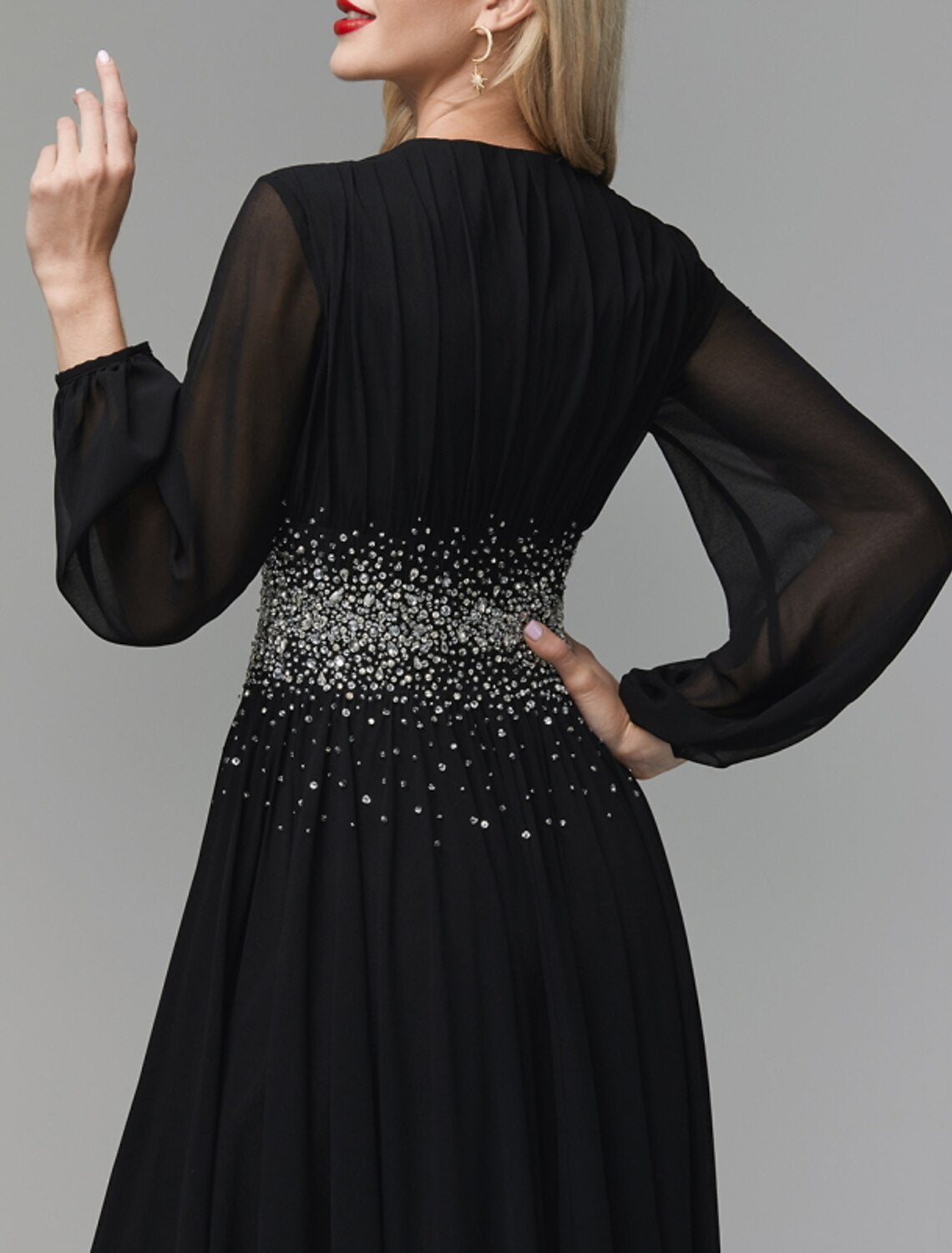 A-Line Evening Gown Luxurious Dress Party Wear Formal Evening Floor Length Long Sleeve V Neck Tulle with Pleats Sequin Slit