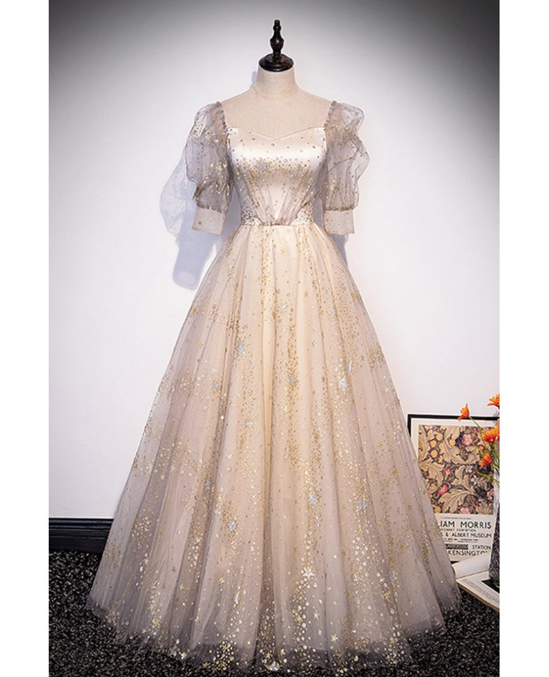 Robe de bal à paillettes à manches courtes et décolleté carré en forme d'étoile champagne à la mode Robe de bal à dos nu et longueur au sol champagne