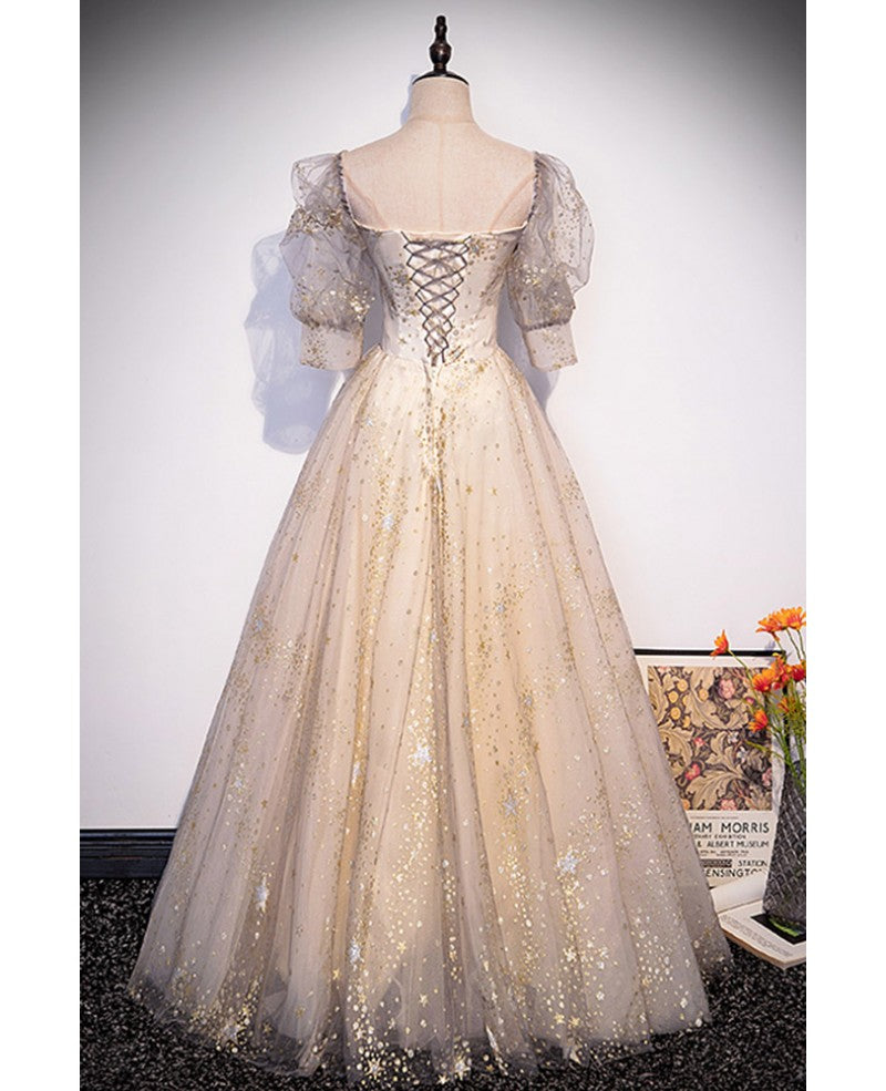 Robe de bal à paillettes à manches courtes et décolleté carré en forme d'étoile champagne à la mode Robe de bal à dos nu et longueur au sol champagne