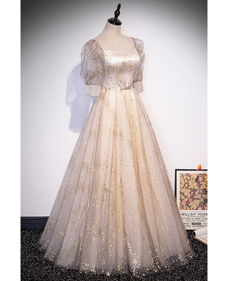 Robe de bal à paillettes à manches courtes et décolleté carré en forme d'étoile champagne à la mode Robe de bal à dos nu et longueur au sol champagne