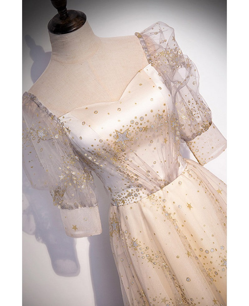 Robe de bal à paillettes à manches courtes et décolleté carré en forme d'étoile champagne à la mode Robe de bal à dos nu et longueur au sol champagne