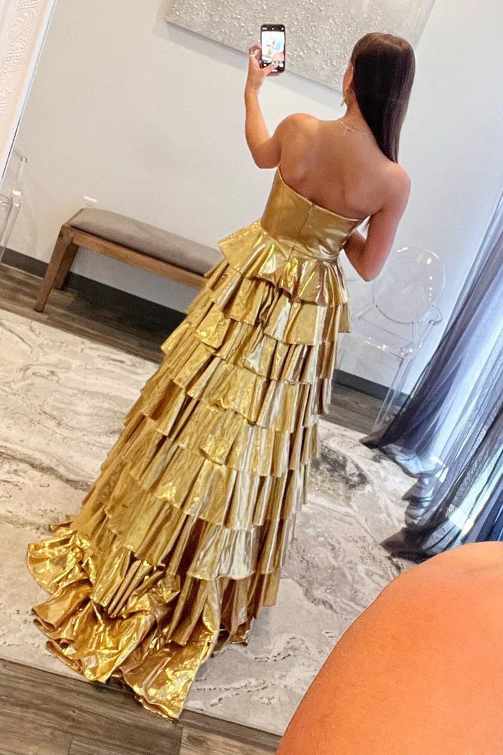 Gold Strapless Sweetheart Tiered Metallic Prom Dress