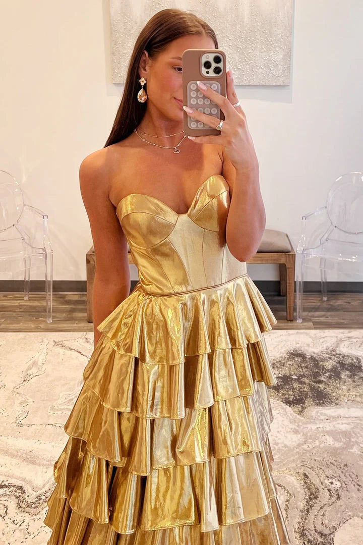 Gold Strapless Sweetheart Tiered Metallic Prom Dress