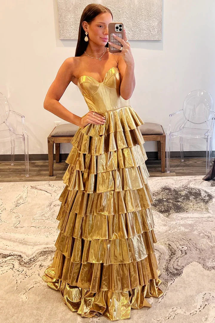 Gold Strapless Sweetheart Tiered Metallic Prom Dress
