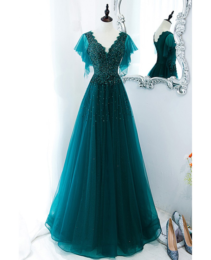 Robe de danse élégante vert foncé à paillettes et strass, robe de soirée vert foncé à col en V, manches courtes, dos nu et longueur au sol