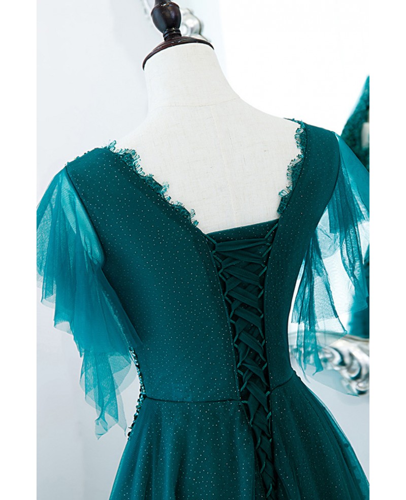 Robe de danse élégante vert foncé à paillettes et strass, robe de soirée vert foncé à col en V, manches courtes, dos nu et longueur au sol
