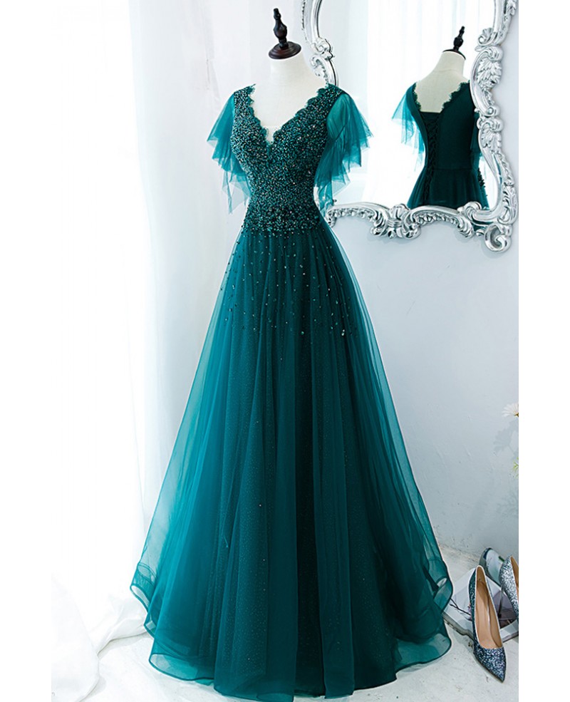 Robe de danse élégante vert foncé à paillettes et strass, robe de soirée vert foncé à col en V, manches courtes, dos nu et longueur au sol
