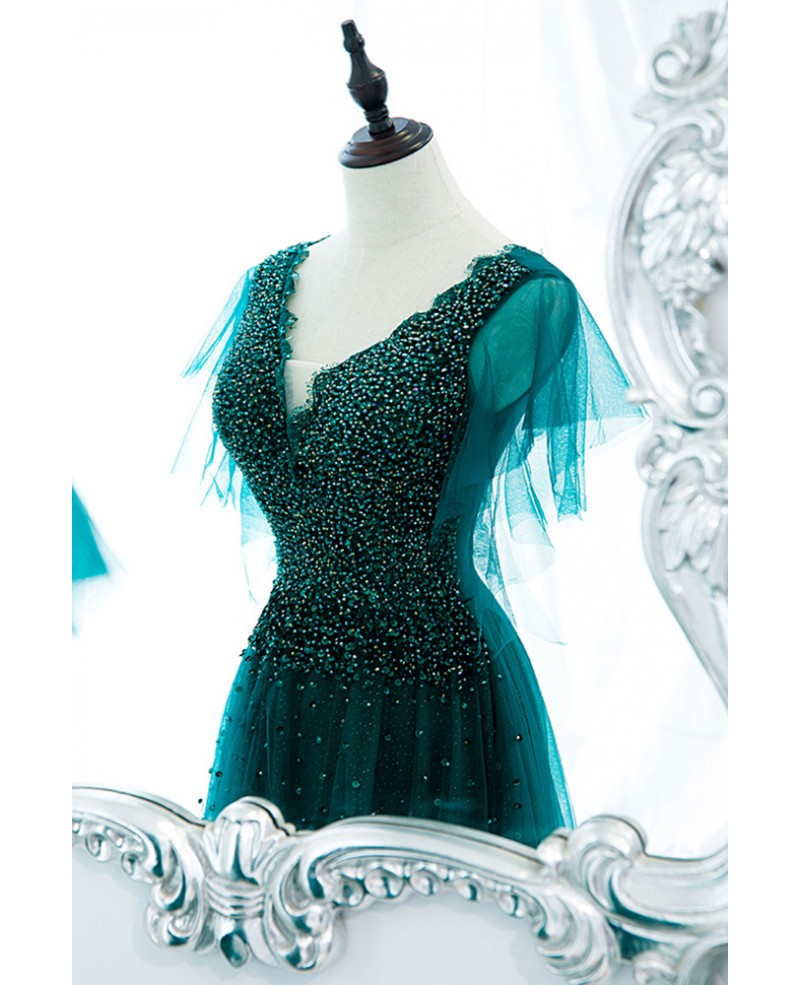 Robe de danse élégante vert foncé à paillettes et strass, robe de soirée vert foncé à col en V, manches courtes, dos nu et longueur au sol