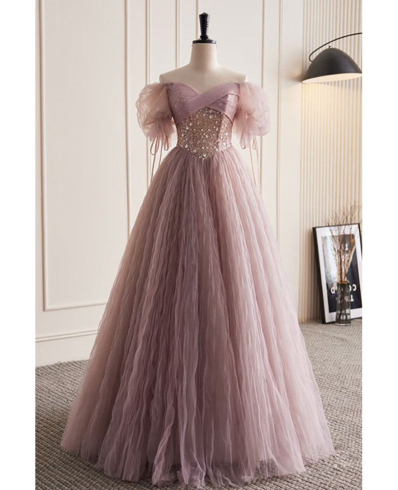 Süßes dunkelrosa schulterfreies, kurzärmeliges Ballkleid mit leuchtenden Perlenpailletten in Dunkelrosa A-Linie/Prinzessin-Form, rückenfrei und bodenlang