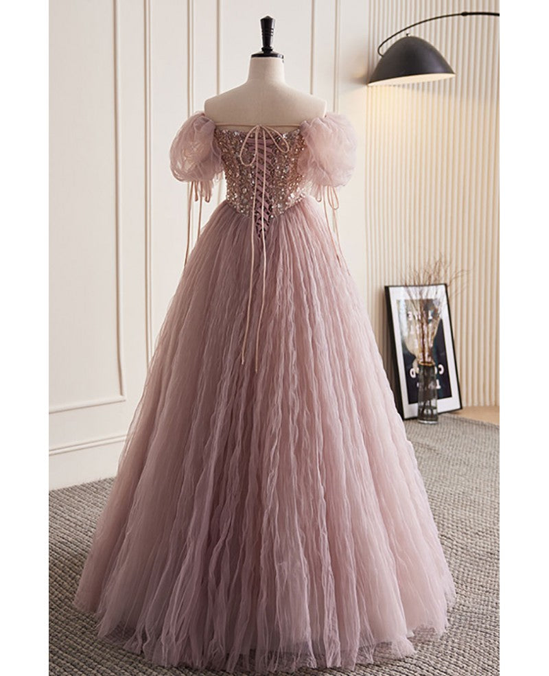 Süßes dunkelrosa schulterfreies, kurzärmeliges Ballkleid mit leuchtenden Perlenpailletten in Dunkelrosa A-Linie/Prinzessin-Form, rückenfrei und bodenlang