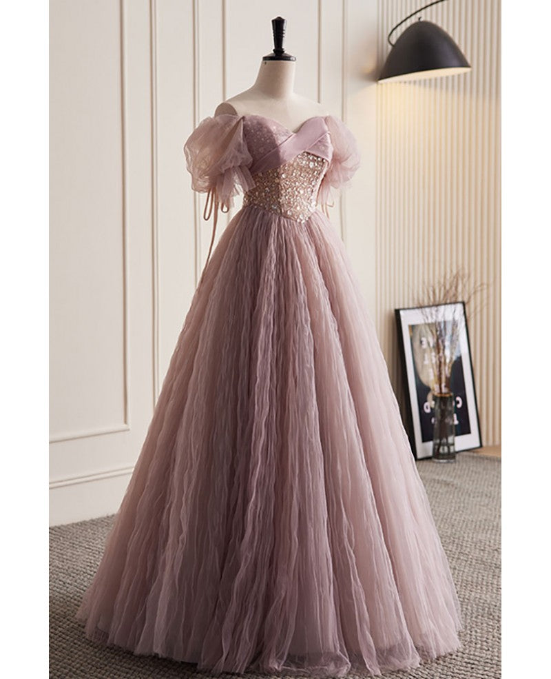 Süßes dunkelrosa schulterfreies, kurzärmeliges Ballkleid mit leuchtenden Perlenpailletten in Dunkelrosa A-Linie/Prinzessin-Form, rückenfrei und bodenlang