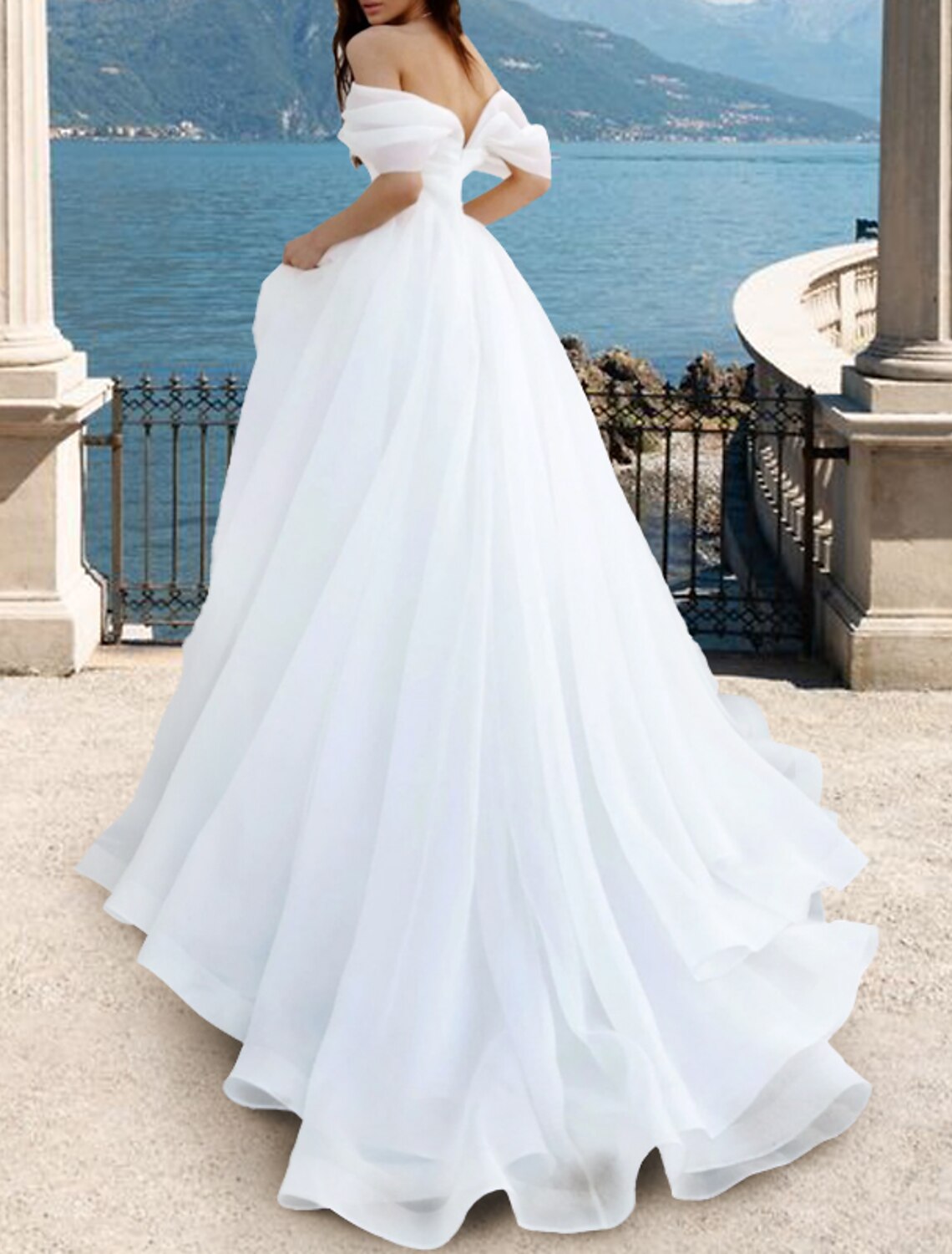 Robes de mariée de plage trapèze, épaules dénudées, manches courtes, traîne courte, robes de mariée en organza avec plis et fronces