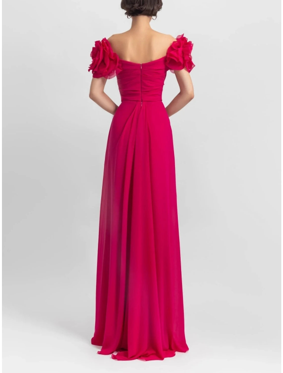 Etuikleid/Säulenkleid, elegantes Abendkleid, formelle Hochzeitsgäste, bodenlang, lange Ärmel, schulterfrei, Stretchstoff mit Schulterblume