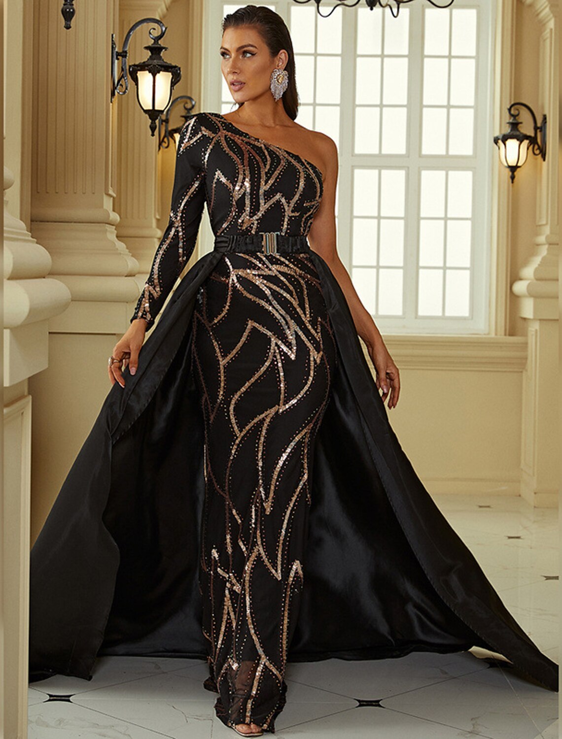 Robe de soirée noire style sirène, robe de soirée noire vintage, formelle, pour invité de mariage, traîne, manches longues, asymétrique, en polyester avec paillettes