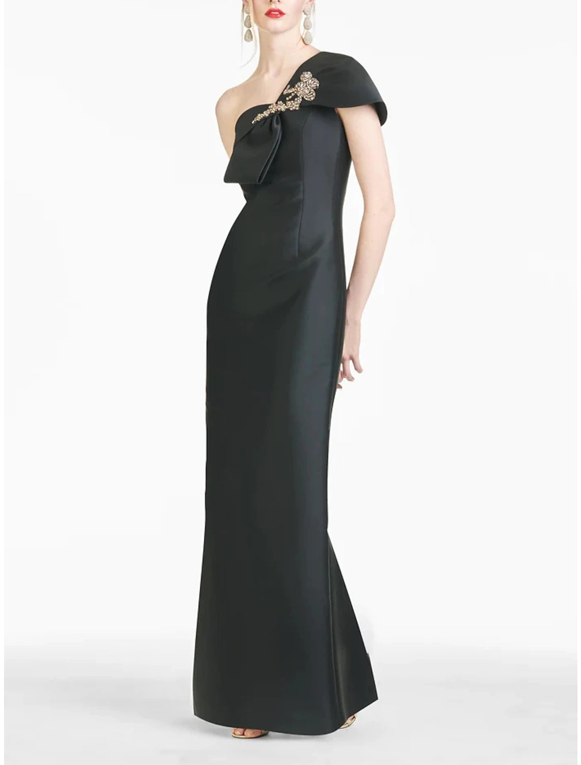 Etuikleid/Säulenkleid Abendkleid Elegantes Kleid Formal Bodenlang Weihnachten Rot Grün Kleid Kurzarm One Shoulder Satin mit Schleife(n) Schulter Blume