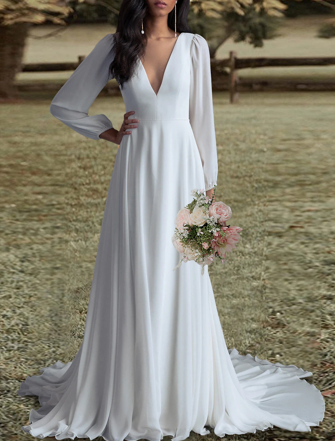 Offener Rücken Brautkleider A-Linie V-Ausschnitt Langarm Sweep / Pinsel Schleppe Chiffon Brautkleider mit Falten