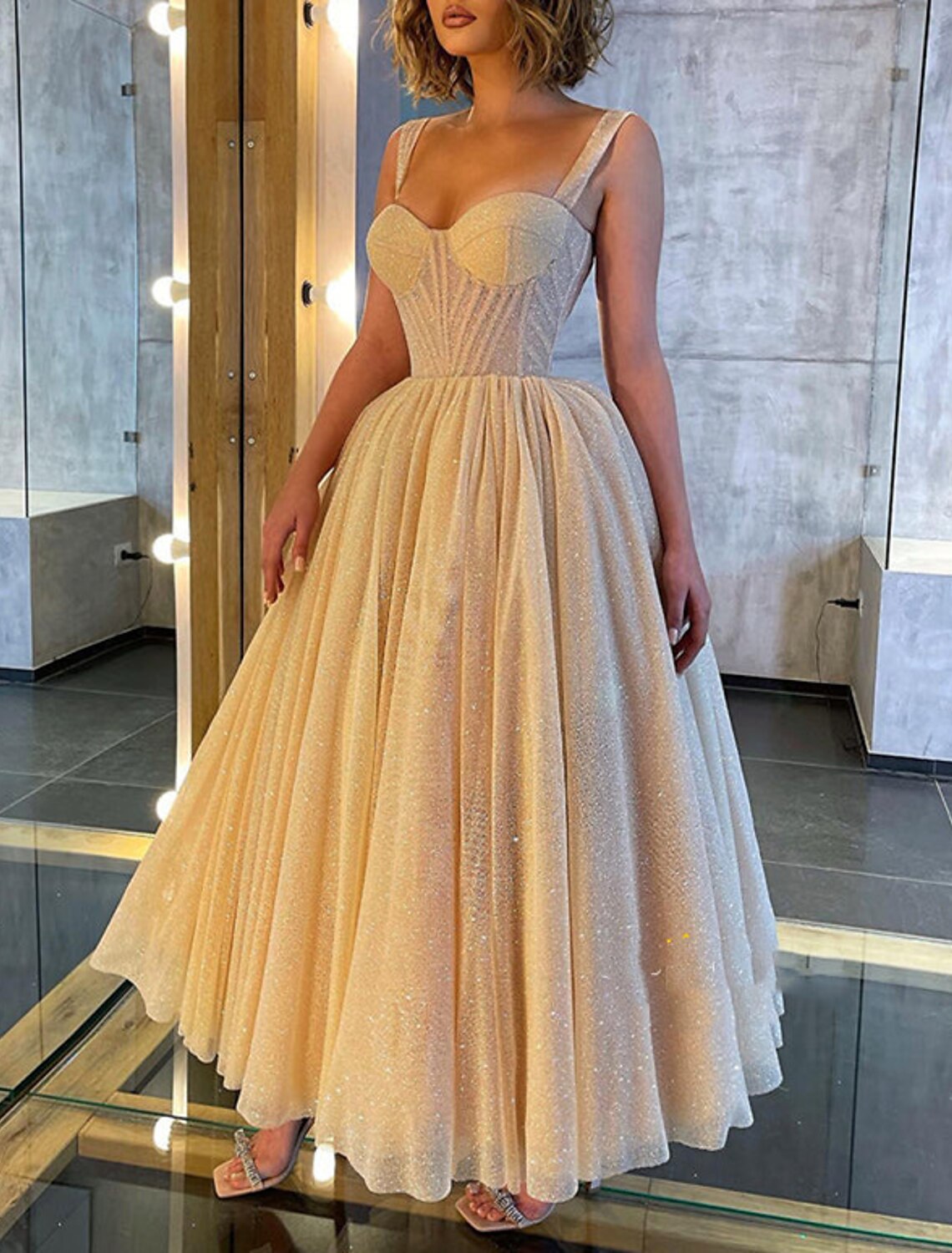 Ball Gown Prom Dresses Corsets Dress Wedding Party Dress Birthday Ankle Length Sleeveless Spaghetti Strap Tulle with Glitter Sequin