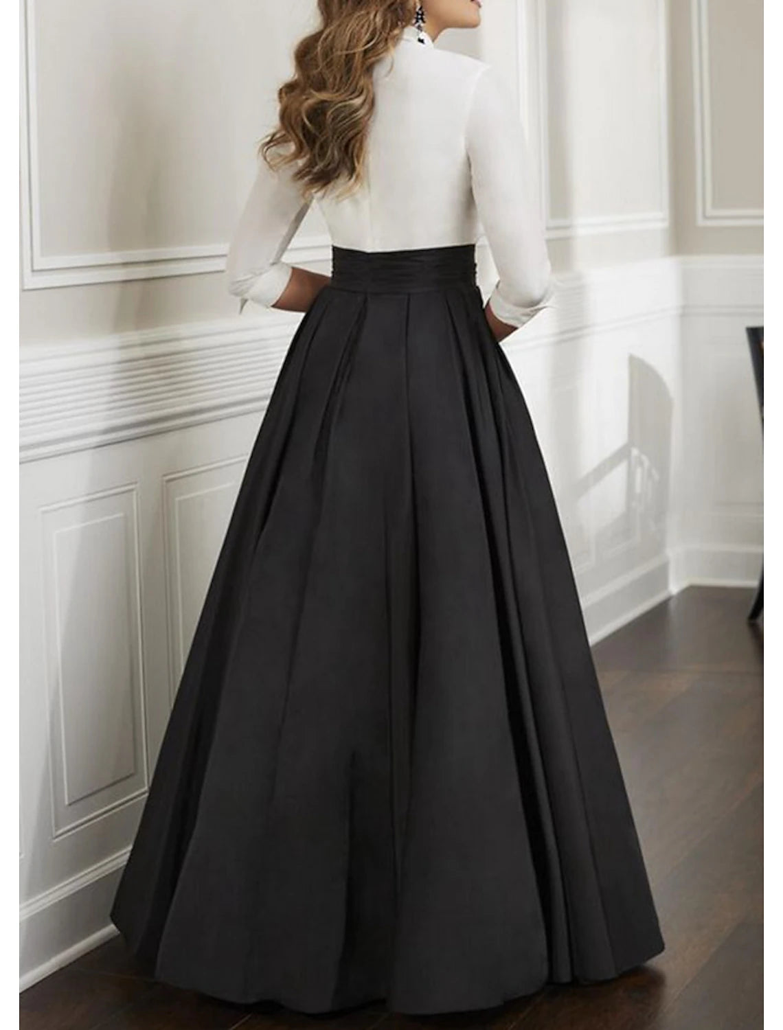 A-Linie Abendkleid Farbe Schwarz Kleid Übergröße Hochzeitsgast Abendparty Bodenlang 3/4 Ärmel Hemdkragen Italien Satin mit Aufdruck