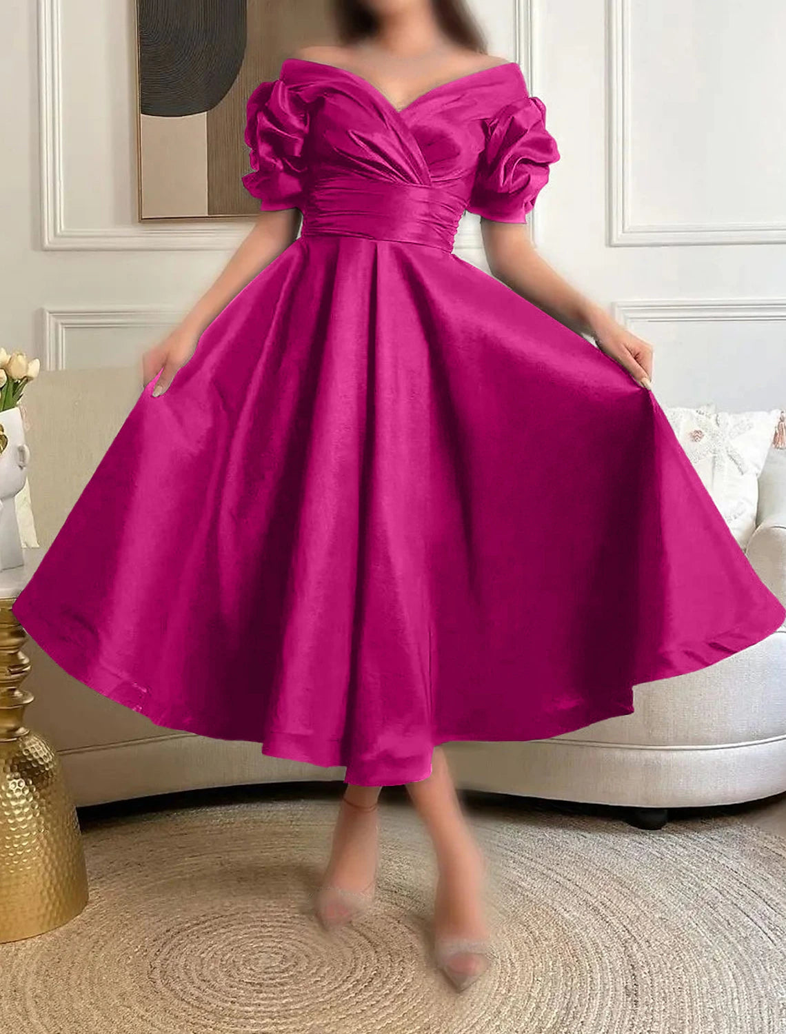 A-Line Cocktail Dresses Elegant Dress Formal Prom Tea Length Short Sleeve Sweetheart Satin with Ruched