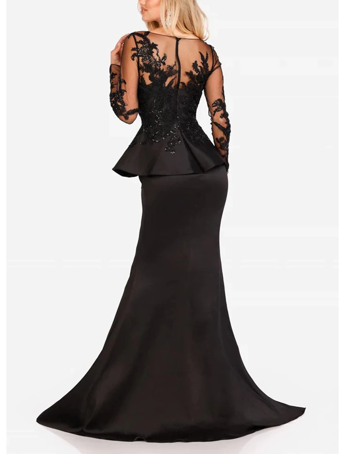 Meerjungfrau/Trompete Abendkleid Elegantes Kleid Formeller Abschlussball Bodenlang Langarm Rundhals Satin mit Schlitzapplikationen