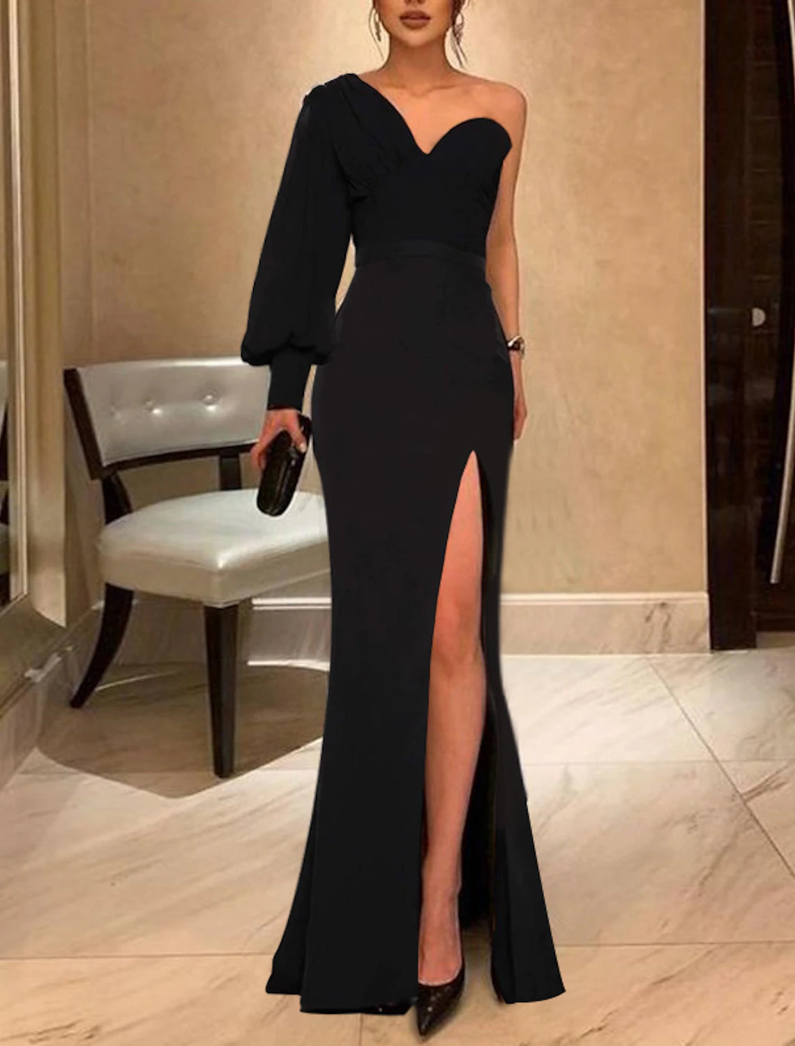 Meerjungfrau/Trompete Abendkleid Schwarzes Kleid Kleid Hochzeitsgast Abschlussball Bodenlang Langarm Eine Schulter Stretchstoff mit Schlitz