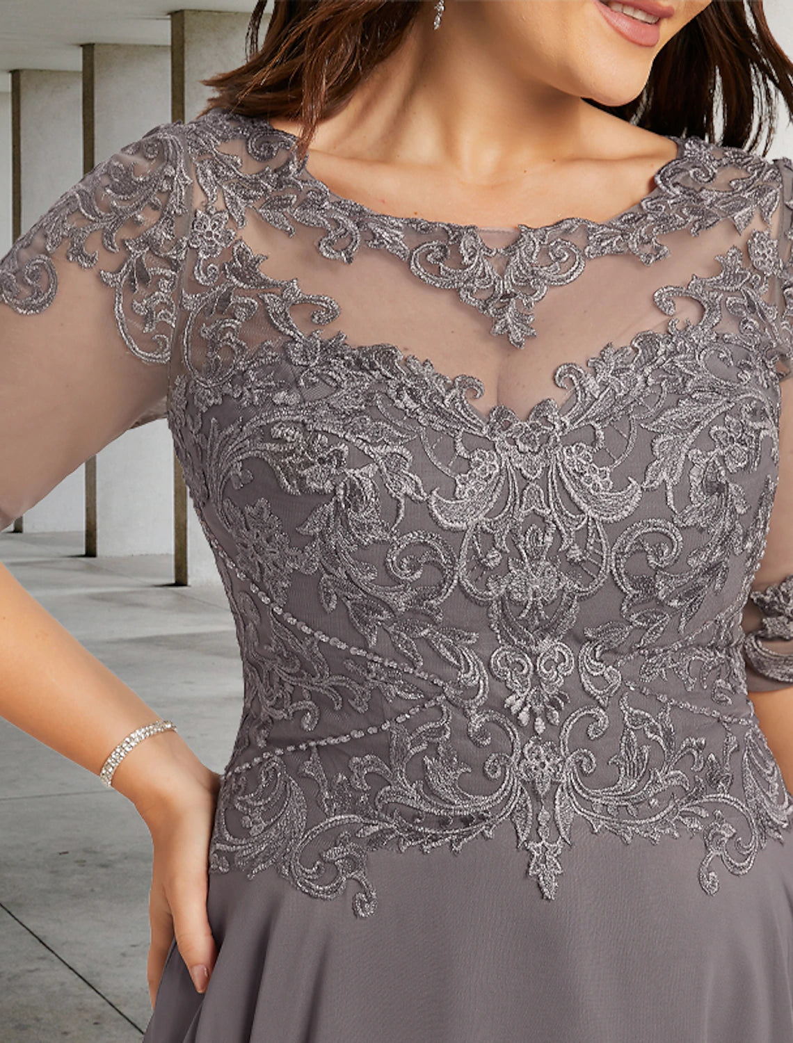 A-Line Plus Size Curve Mother of the Bride Dresses Elegant Dress Formal Wedding Guest Asymmetrical Half Sleeve Jewel Neck Chiffon with Beading Appliques