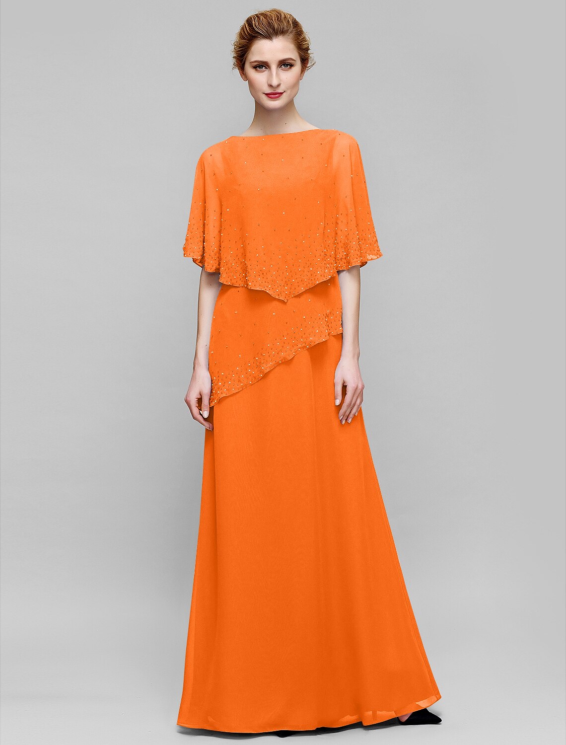 Etuikleid/Säulenkleid für die Brautmutter, elegant, U-Boot-Ausschnitt, bodenlang, Chiffon, ärmellos, mit Perlenstickerei