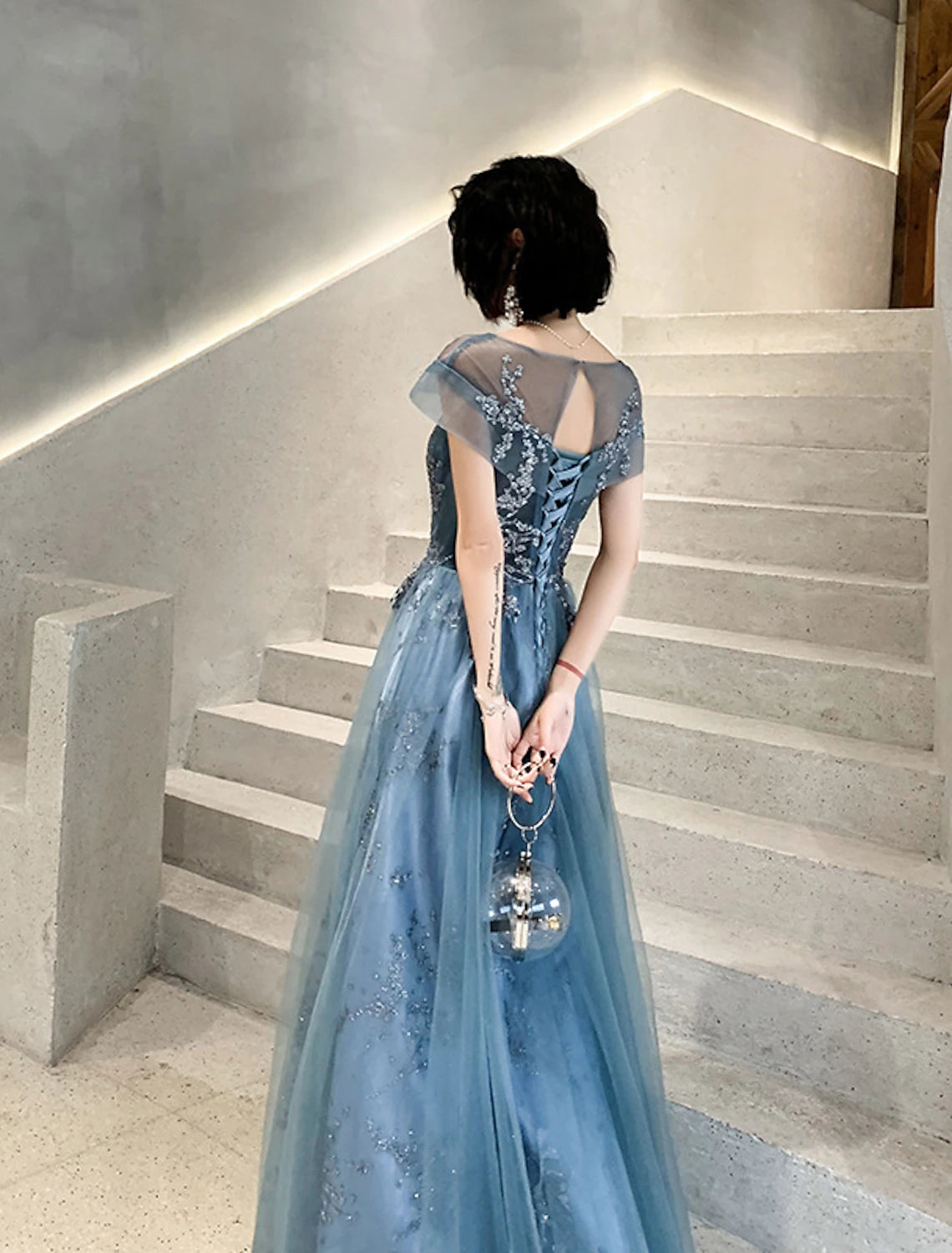 A-Linien-Kleid für die Mutter der Braut, Hochzeitsgast, elegant, Rundhalsausschnitt, bodenlang, Tüll, kurze Ärmel, mit Faltenapplikationen