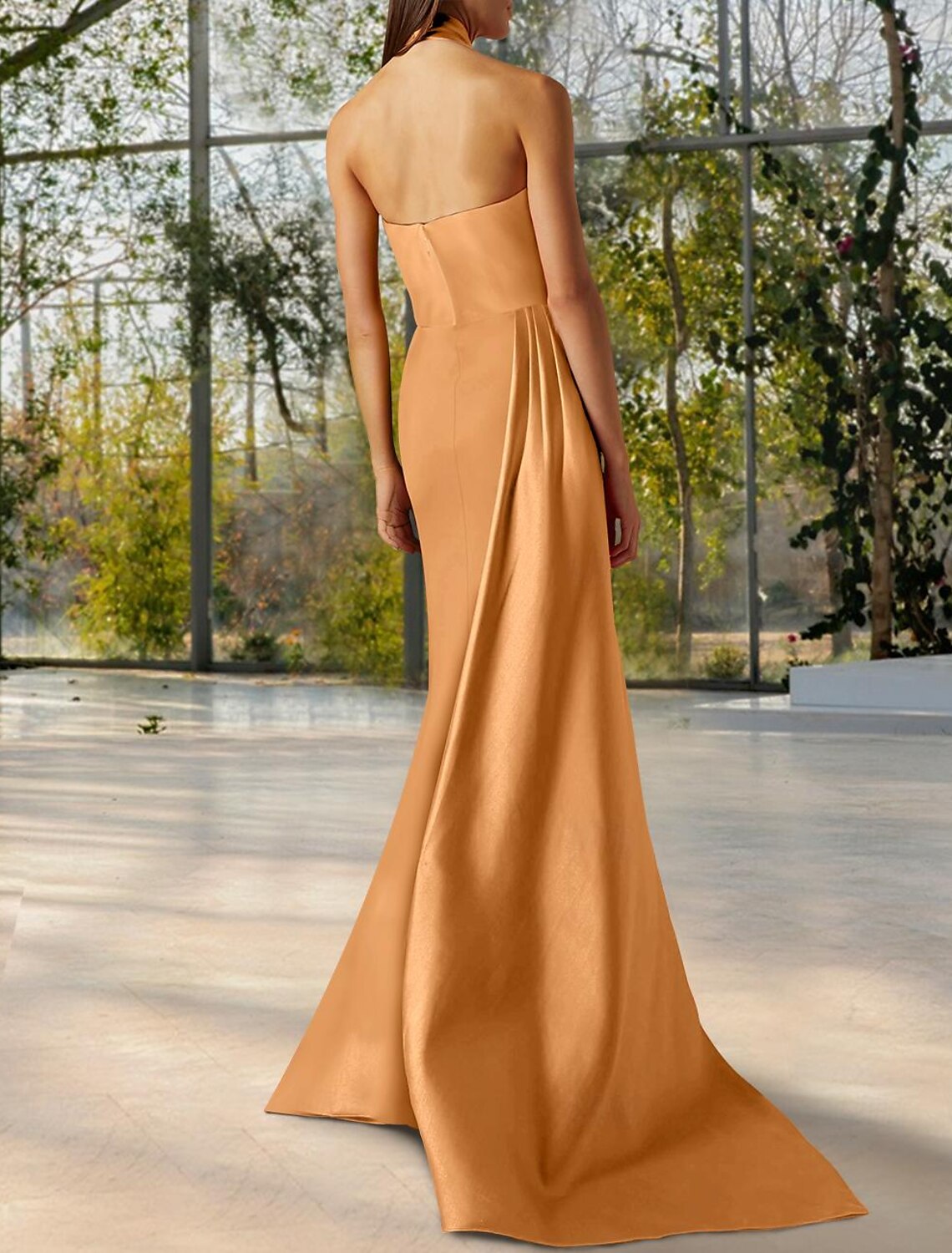 Meerjungfrau/Trompete Abendkleid Sexy Kleid Formeller Hochzeitsgast Hofschleppe Ärmellos Neckholder Satin mit gerüschtem Schlitz