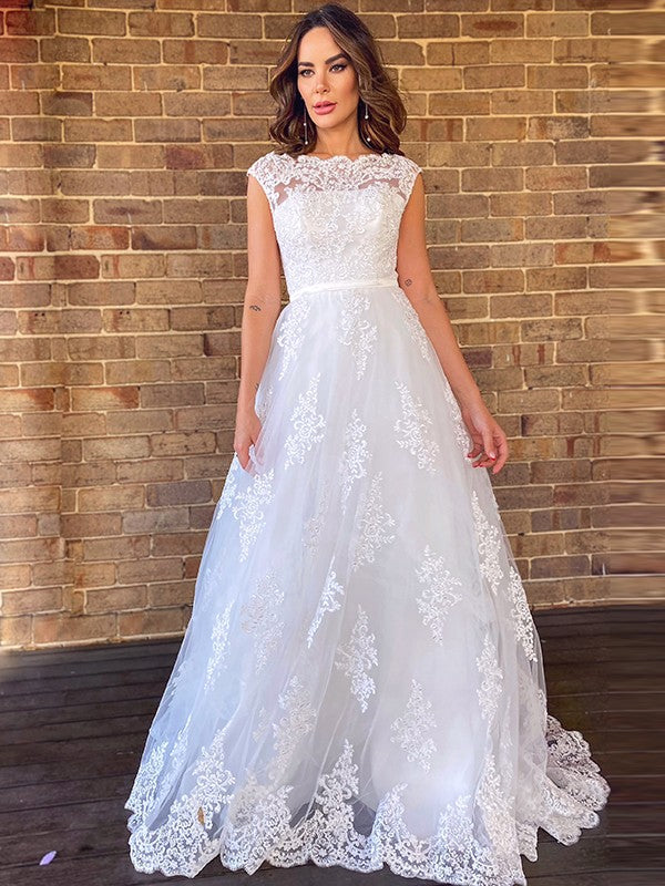 A-Line/Princess Lace Sleeveless Scoop Sweep/Brush Train Wedding Dresses