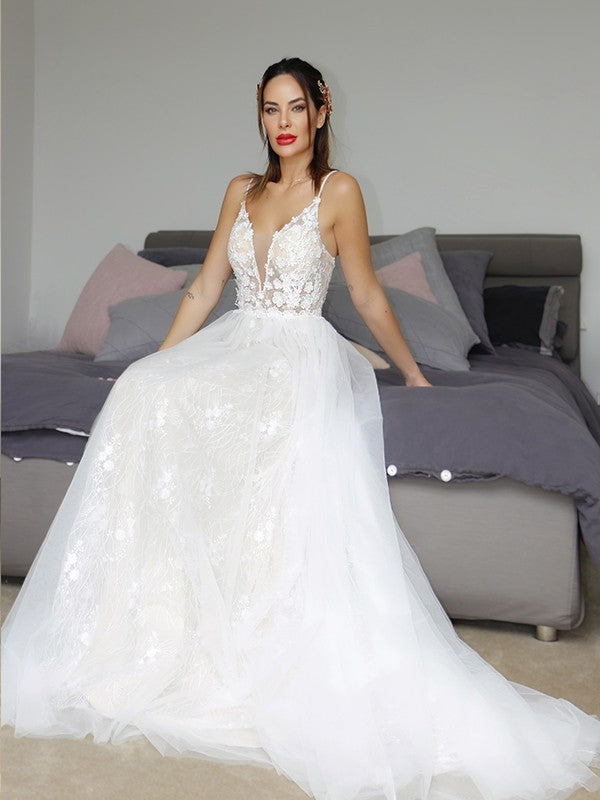 A-Line/Princess Tulle V-neck Sleeveless Applique Sweep/Brush Train Wedding Dresses