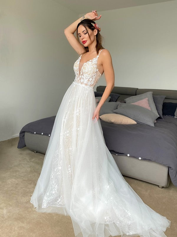 A-Line/Princess Tulle V-neck Sleeveless Applique Sweep/Brush Train Wedding Dresses