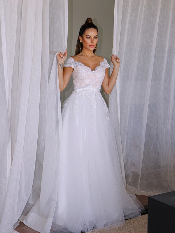 Robe de mariée trapèze/princesse en tulle, col en V, sans manches, en dentelle, longueur au sol
