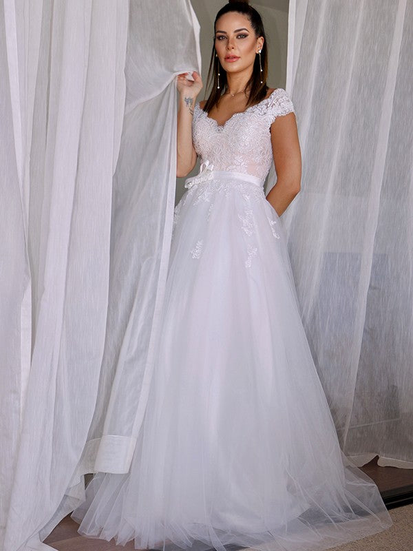 Robe de mariée trapèze/princesse en tulle, col en V, sans manches, en dentelle, longueur au sol