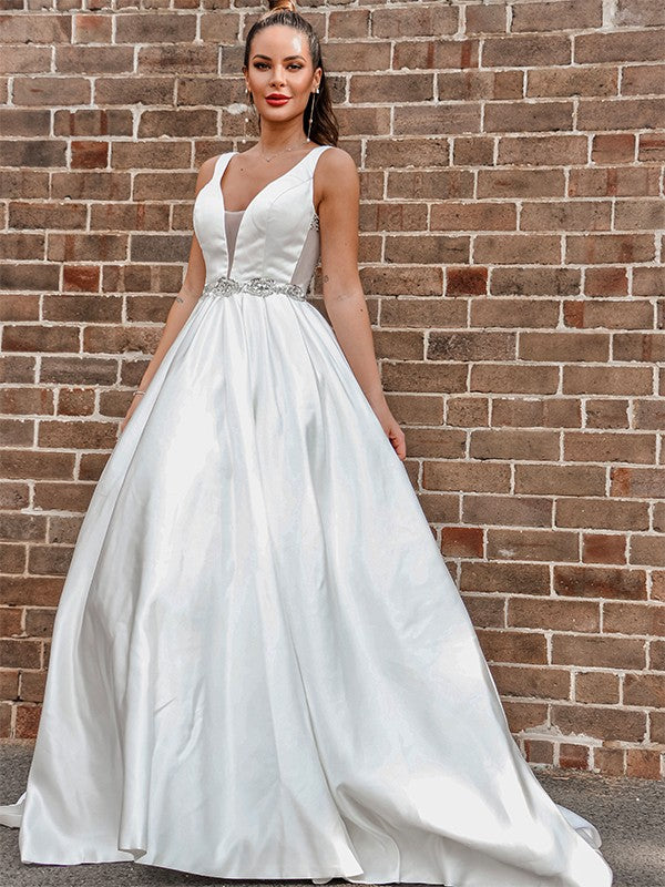 A-Line/Princess Satin V-neck Beading Sleeveless Court Train Wedding Dresses