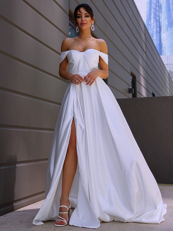 A-Line/Princess Satin Ruched Off-the-Shoulder Sleeveless Sweep/Brush Train Wedding Dresses