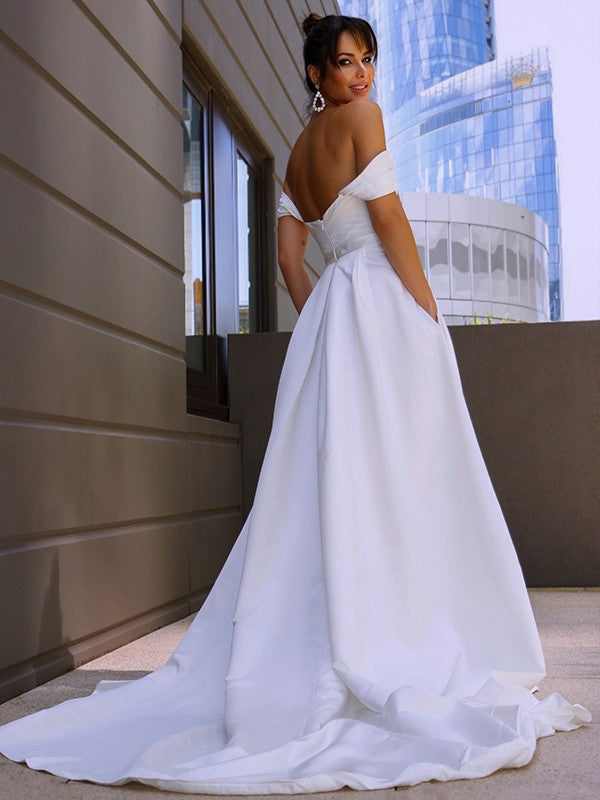 A-Line/Princess Satin Ruched Off-the-Shoulder Sleeveless Sweep/Brush Train Wedding Dresses