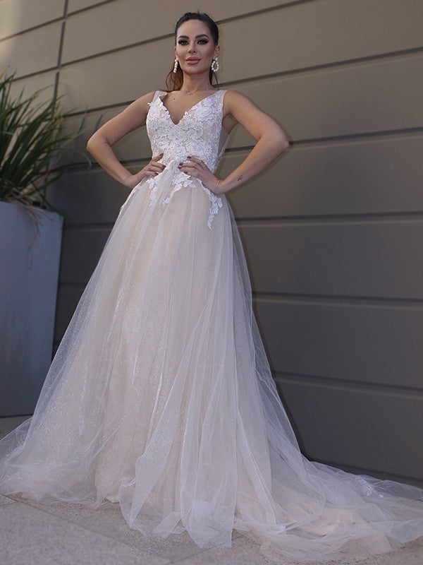 A-Line/Princess Tulle Applique V-neck Sleeveless Sweep/Brush Train Wedding Dresses