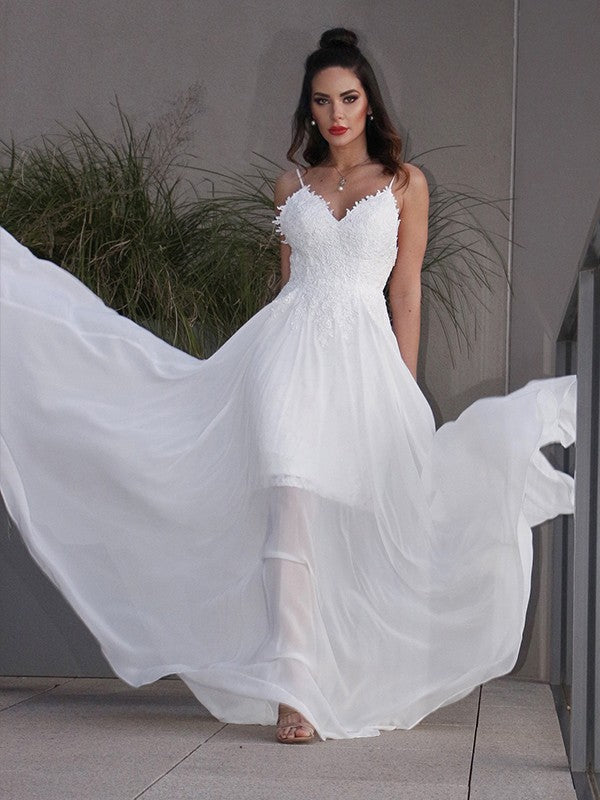 A-Line/Princess Applique Chiffon V-neck Sleeveless Sweep/Brush Train Wedding Dresses