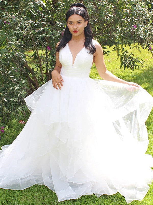 Ball Gown Organza Ruffles V-neck Sleeveless Floor-Length Wedding Dresses