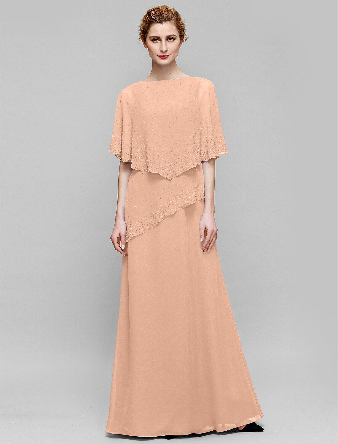 Etuikleid/Säulenkleid für die Brautmutter, elegant, U-Boot-Ausschnitt, bodenlang, Chiffon, ärmellos, mit Perlenstickerei