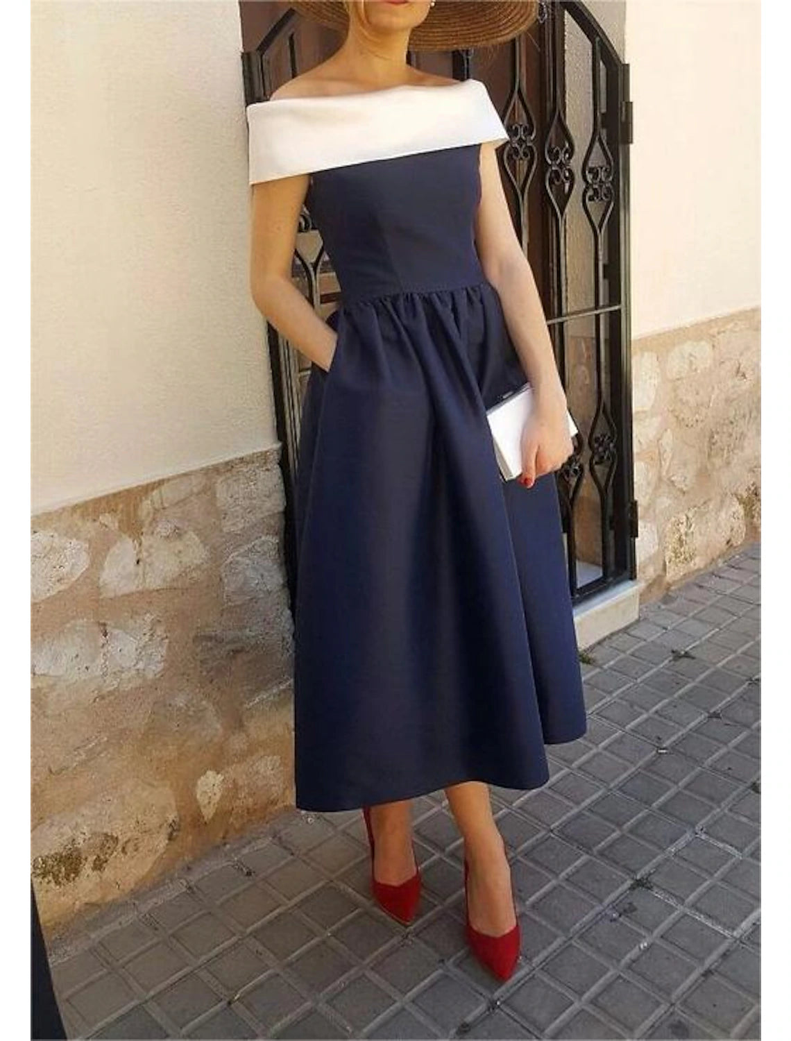 A-Line Mother of the Bride Dress Kentucky Derby Dresses Wedding Guest Elegant Off Shoulder Tea Length Taffeta Short Sleeve with Color Block