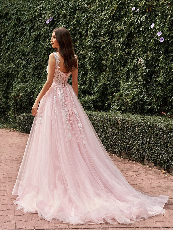 Robe de mariée trapèze/princesse en tulle avec appliques et bretelles, sans manches, traîne courte