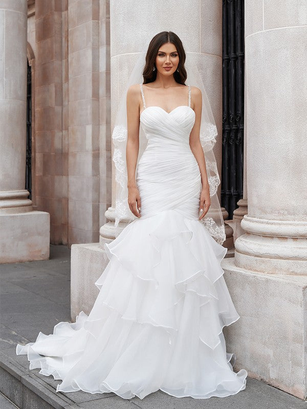 Trompete/Meerjungfrau-Linie Spaghettiträger Organza Ärmellos Sweep/Pinsel zug Brautkleider