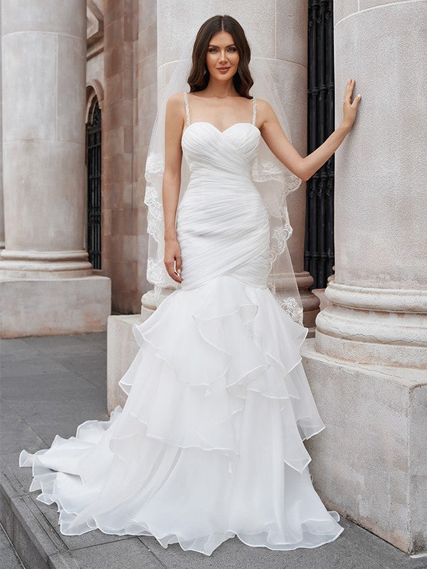 Trompete/Meerjungfrau-Linie Spaghettiträger Organza Ärmellos Sweep/Pinsel zug Brautkleider