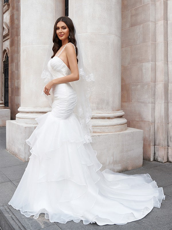 Trompete/Meerjungfrau-Linie Spaghettiträger Organza Ärmellos Sweep/Pinsel zug Brautkleider
