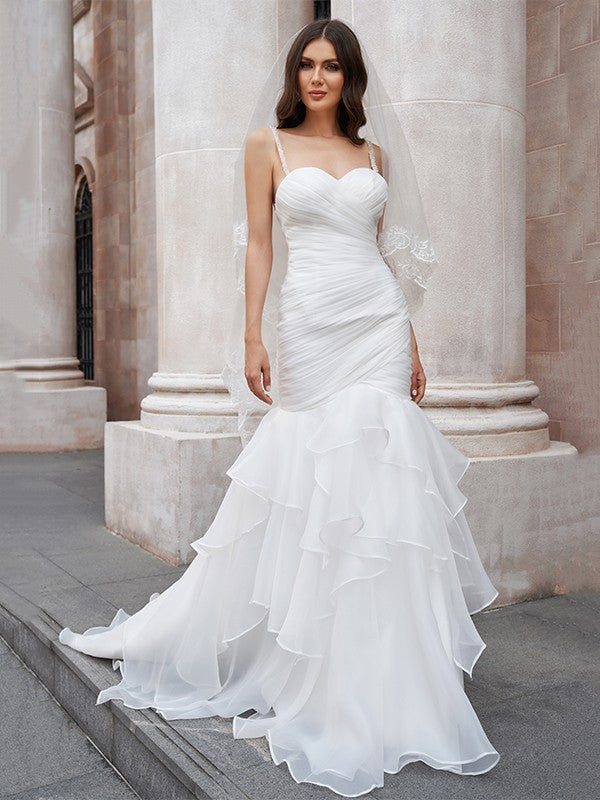 Trompete/Meerjungfrau-Linie Spaghettiträger Organza Ärmellos Sweep/Pinsel zug Brautkleider