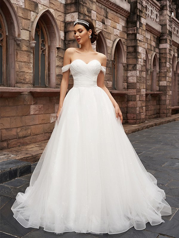 Robe de mariée trapèze/princesse en tulle, épaules dénudées, sans manches, froncée, traîne courte